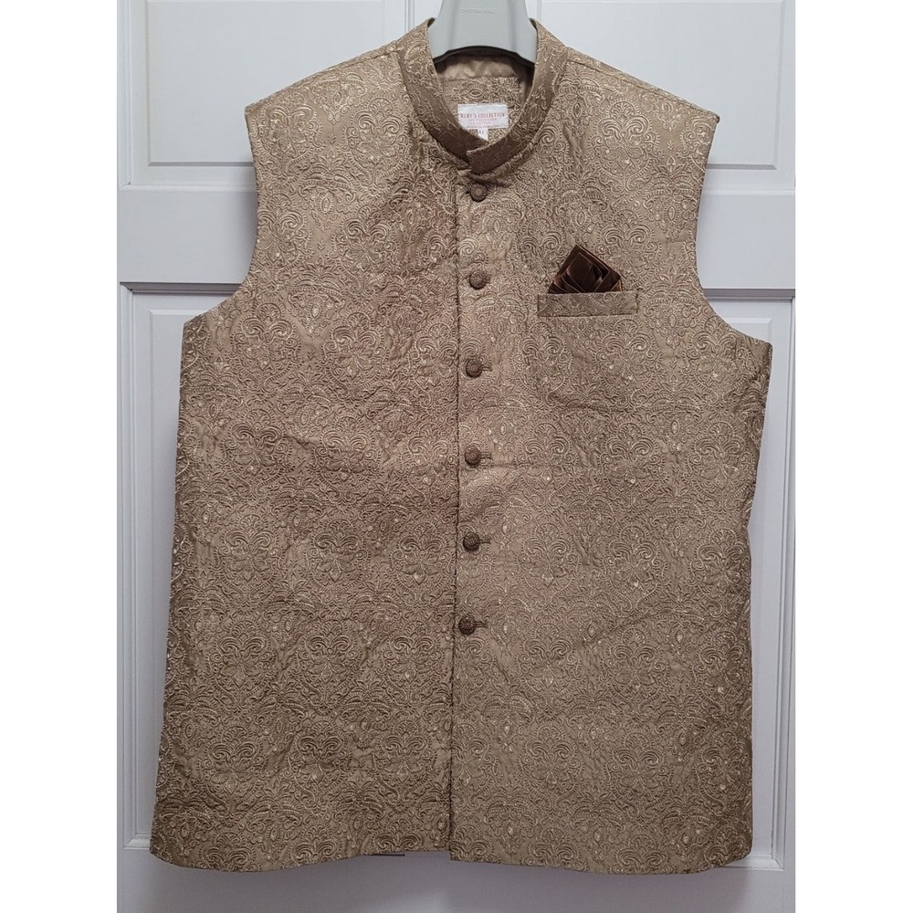 Ruby's Collection Men's Indian Pakistani Formalwear Brocade Waistcoat - Gold XL